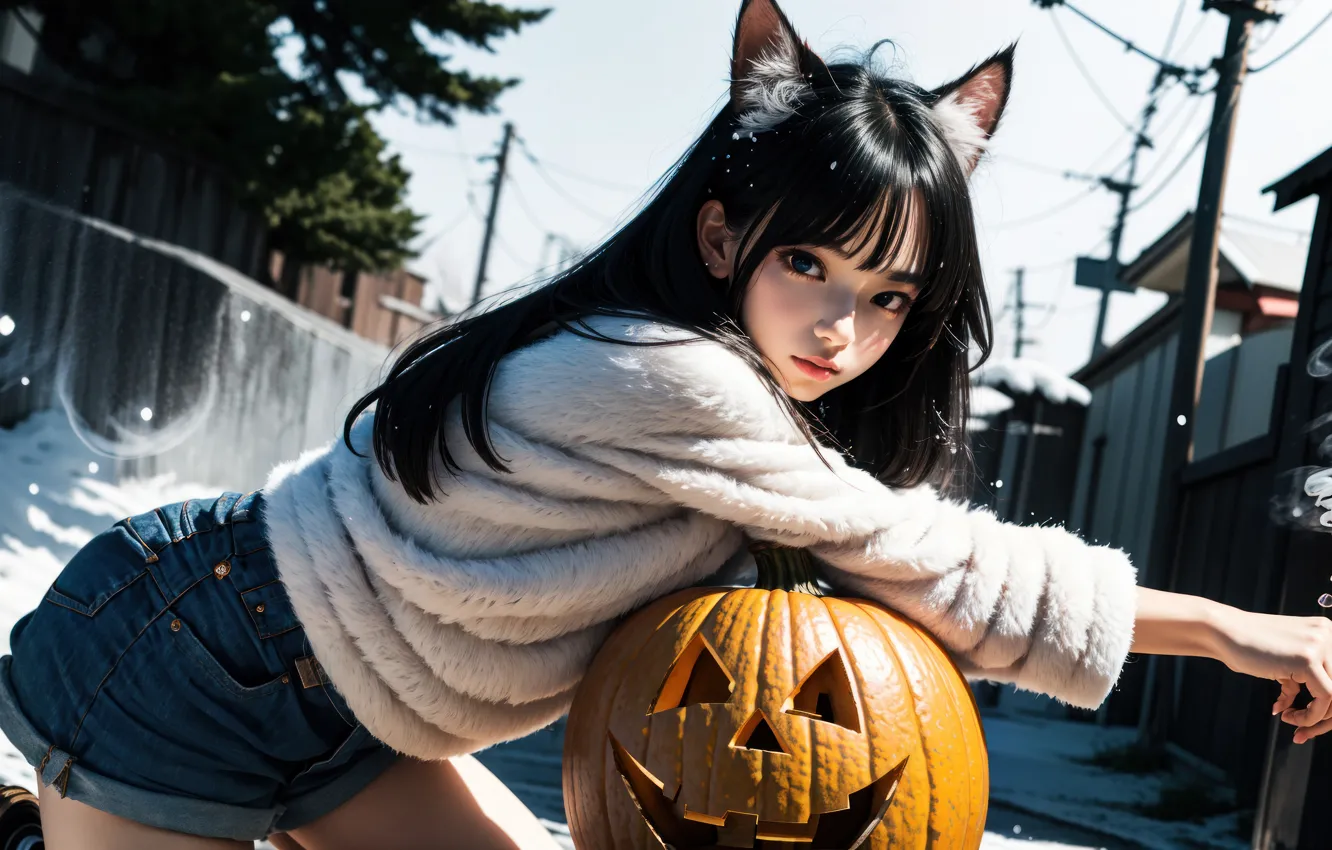 Photo wallpaper look, street, brunette, Halloween, pumpkin, haze, smoking, ears