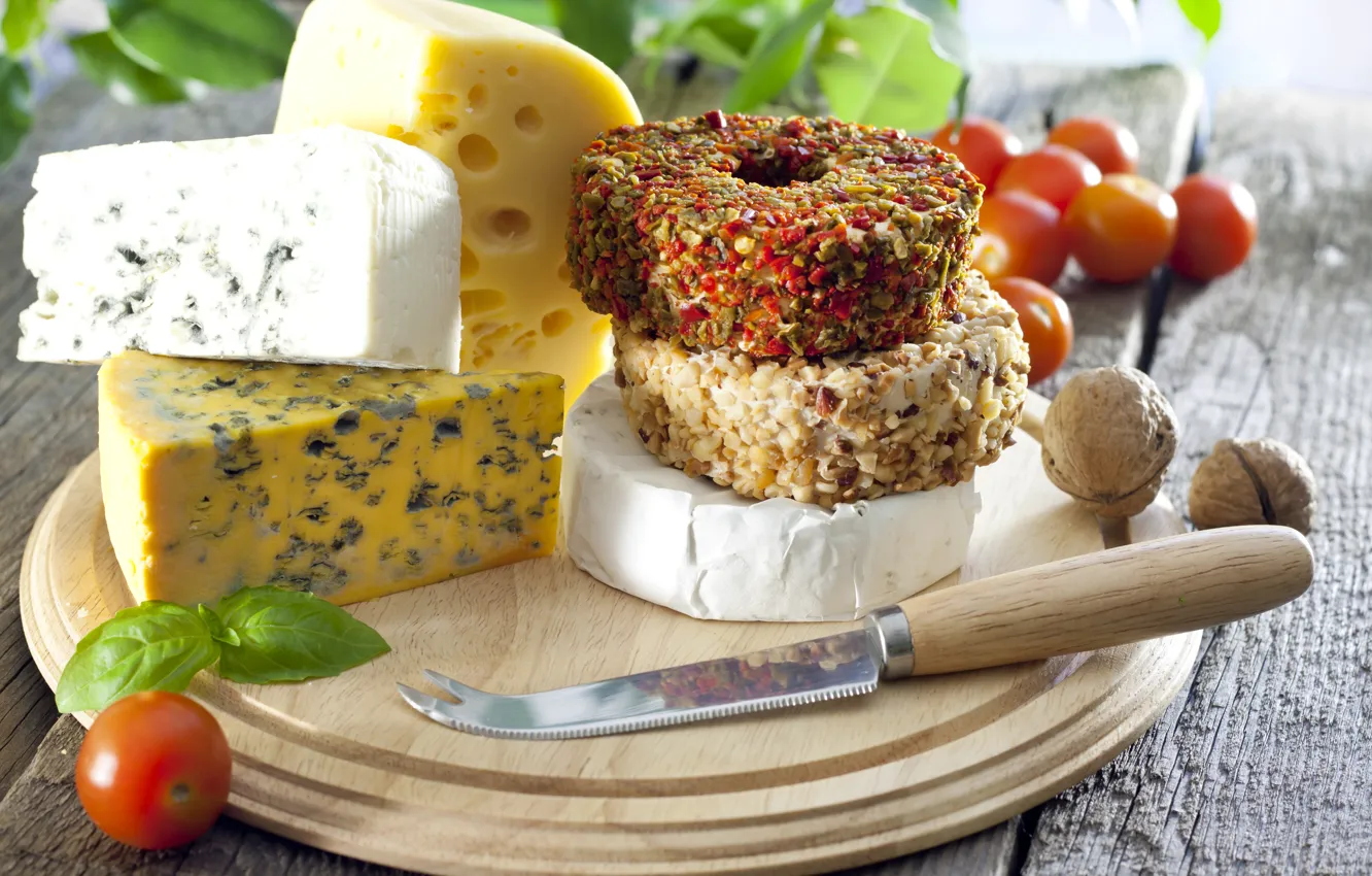 Photo wallpaper greens, cheese, knife, tomatoes, walnuts