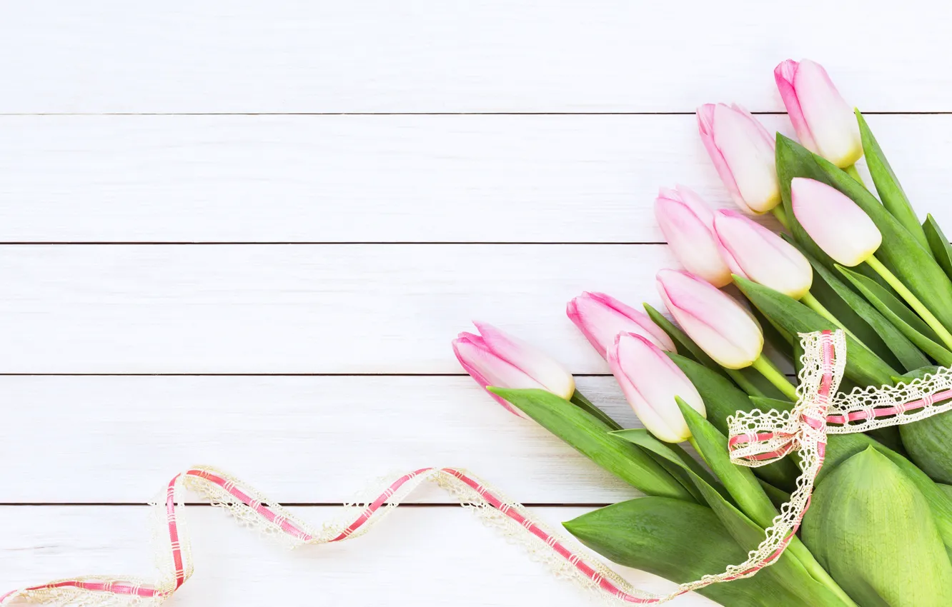 Photo wallpaper flowers, bouquet, tape, tulips, pink, wood, pink, flowers