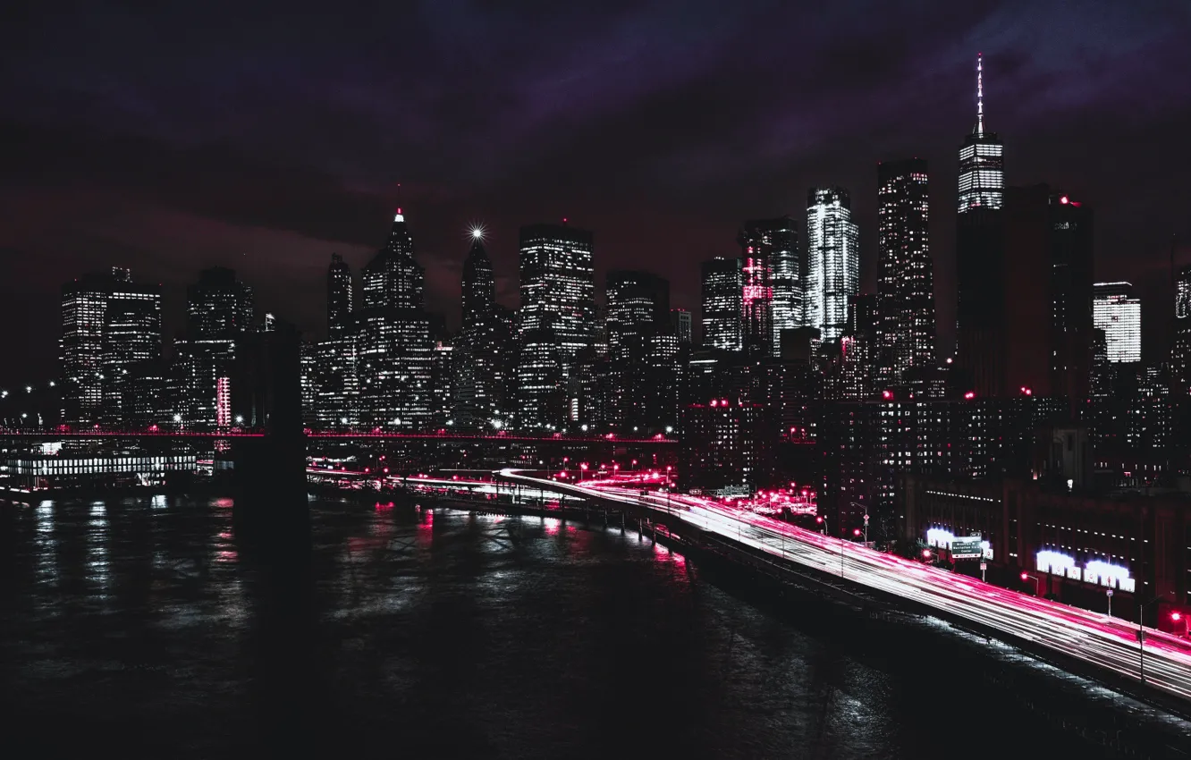 Photo wallpaper skyscrapers, USA, Brooklyn bridge, promenade, New York, night city lights