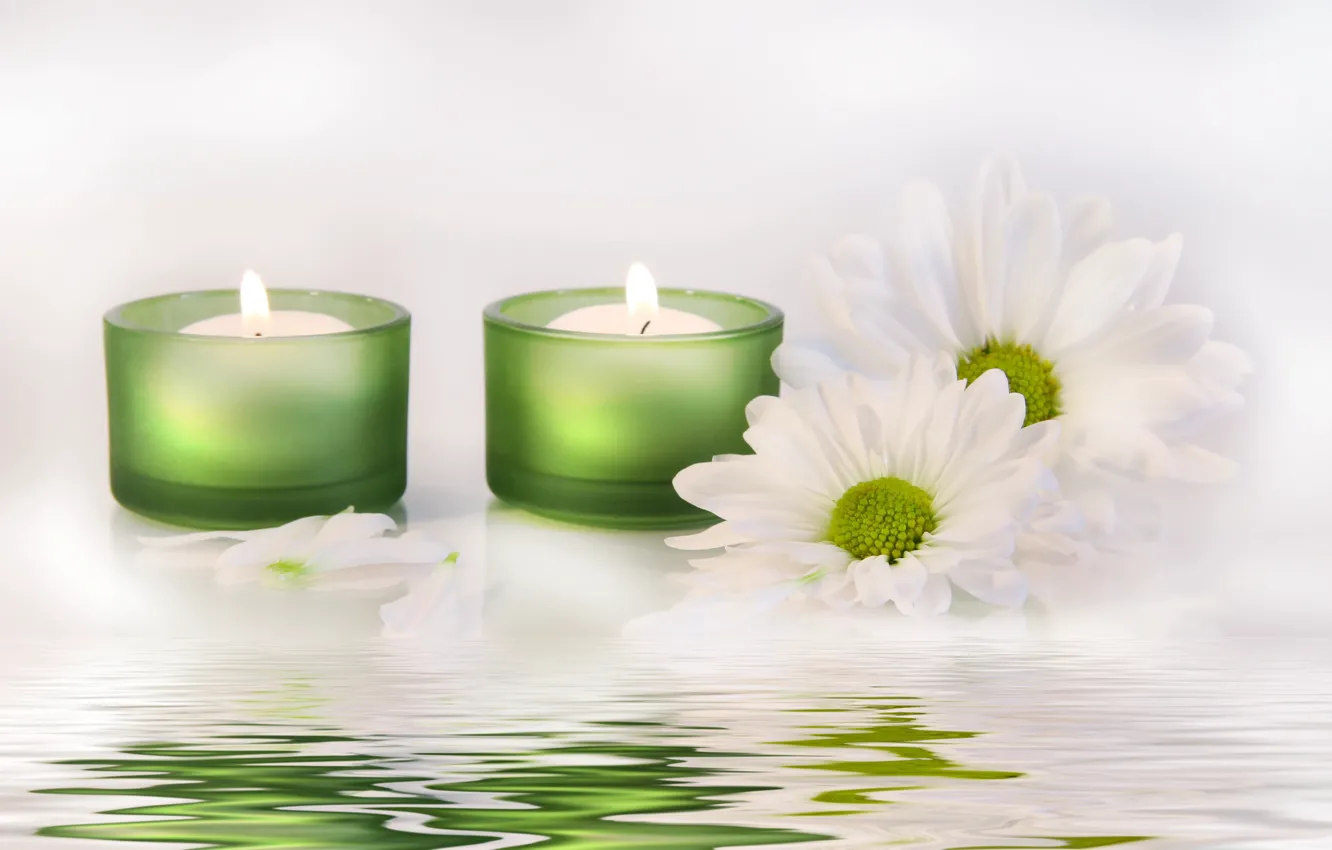 Photo wallpaper water, flowers, candles, water, flowers, candles, white chrysanthemums, white chrysanthemum