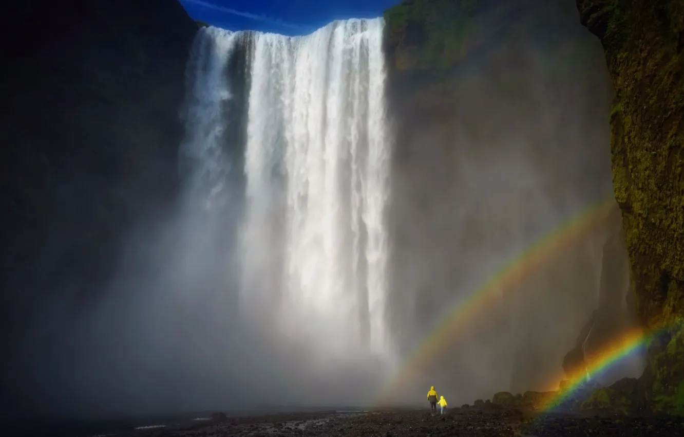 Photo wallpaper people, waterfall, rainbow, Iceland, Skogafoss