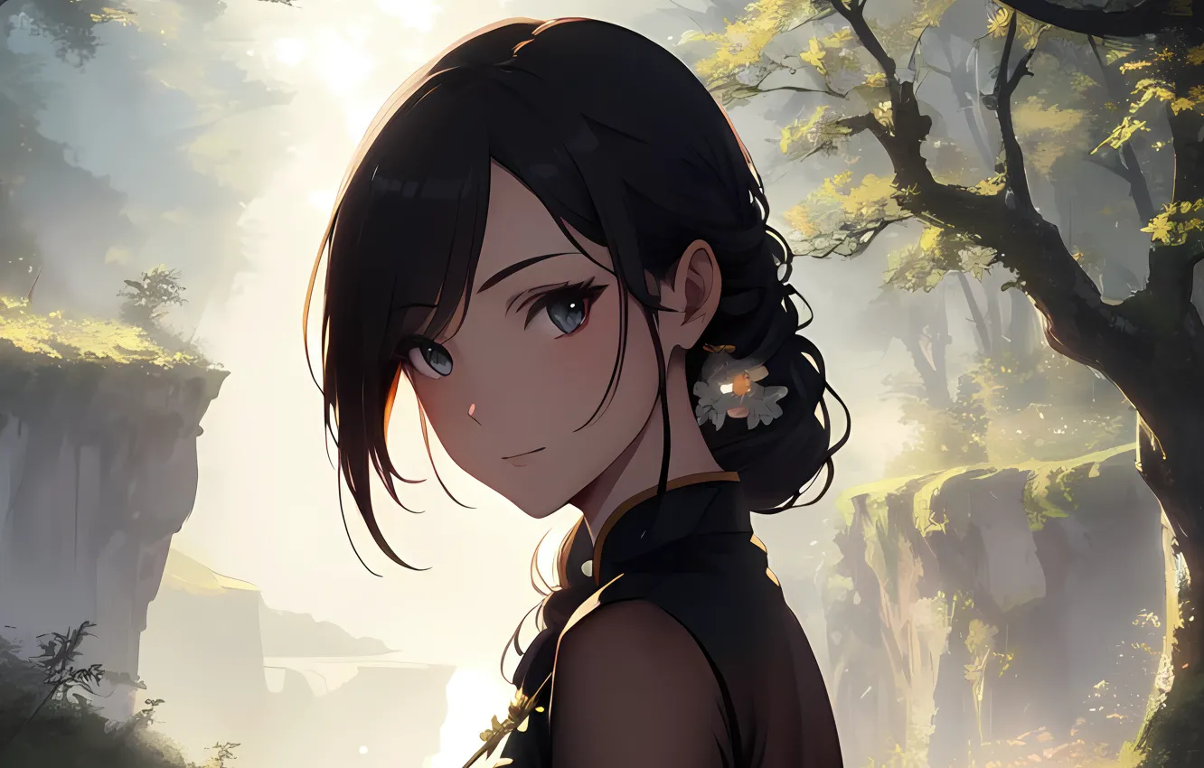Photo wallpaper look, trees, face, open, portrait, anime, brunette, beautiful girl