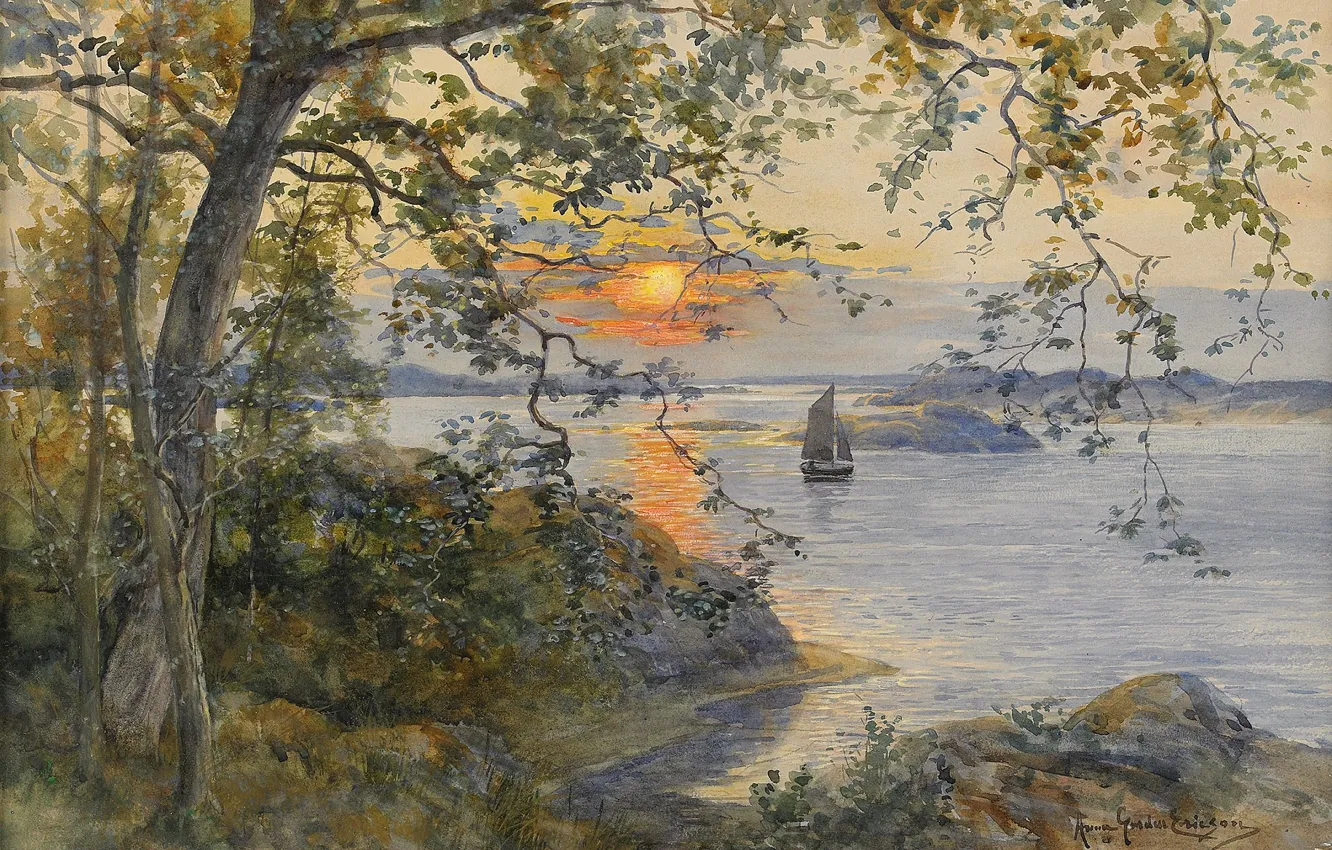 Photo wallpaper the evening, Anna Gardell-Ericson, Coastal landscape with a sailing boat in the sunset