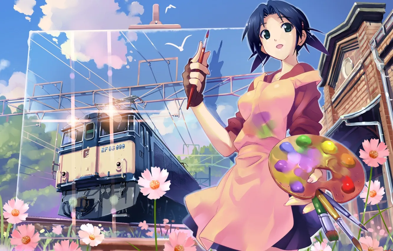 Photo wallpaper girl, clouds, flowers, nature, paint, train, seagulls, picture