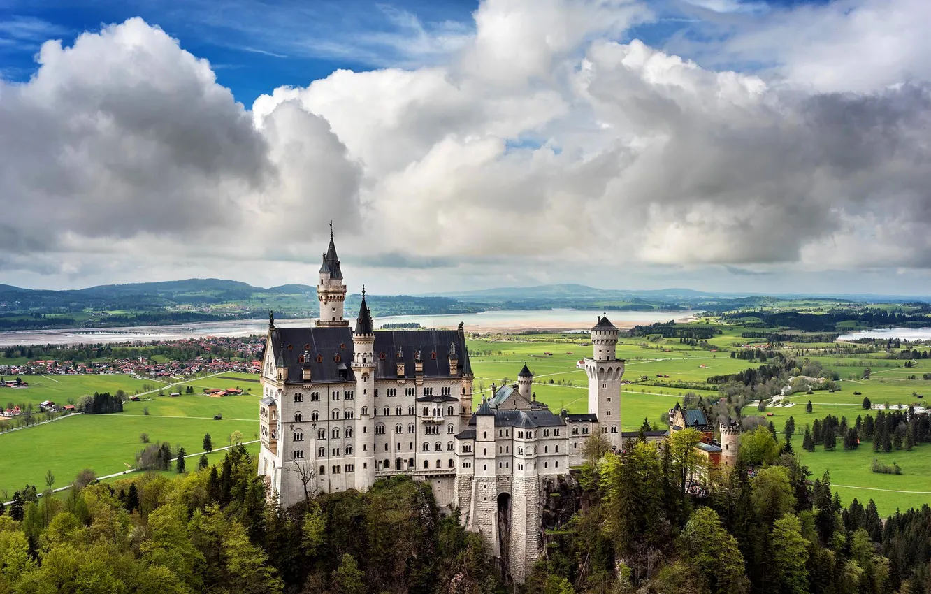 Photo wallpaper the sky, clouds, landscape, nature, castle, Germany, Bayern, Neuschwanstein