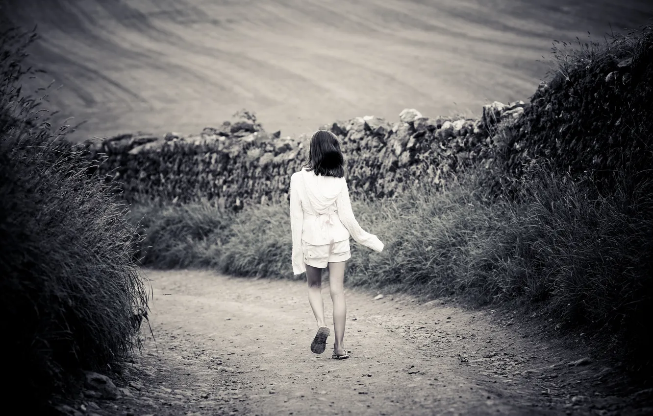 Photo wallpaper road, field, grass, the way, loneliness, stones, mood, girl