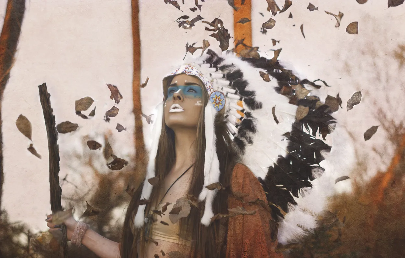 Photo wallpaper look, leaves, girl, face, background, feathers, headdress