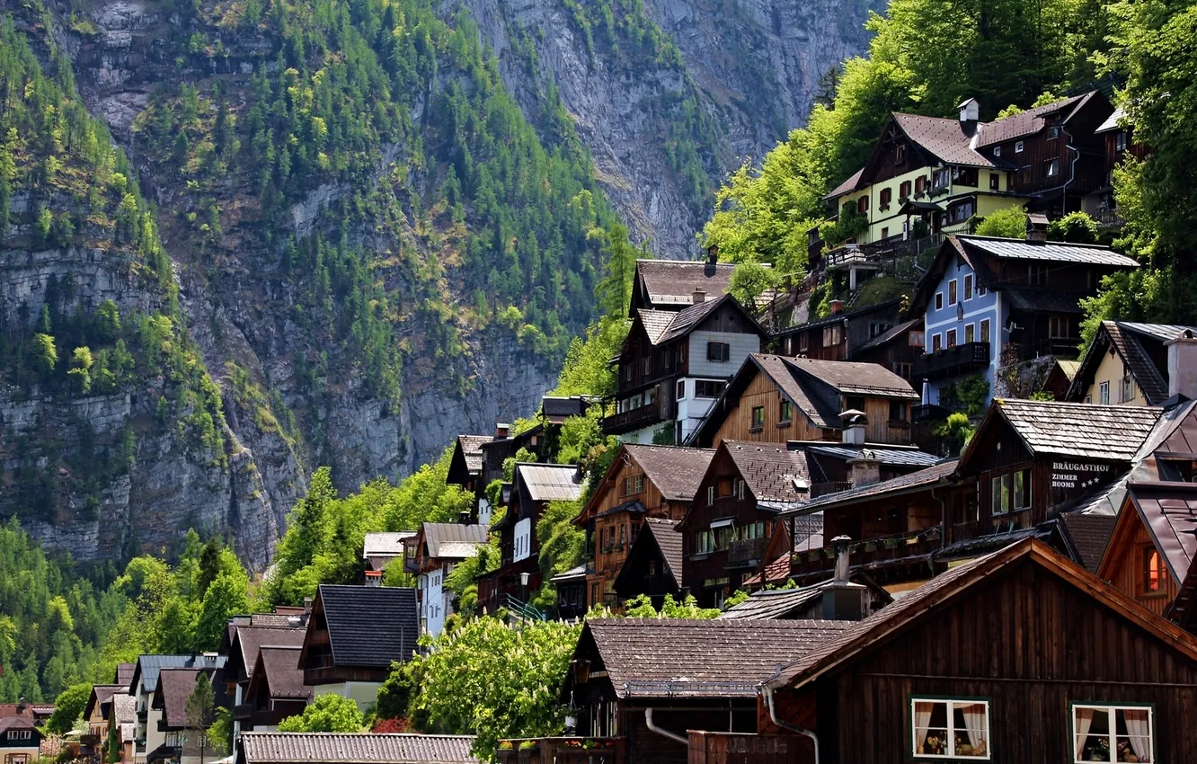 Photo wallpaper mountains, Austria, slope, house, Austria, Hallstatt, Hallstatt