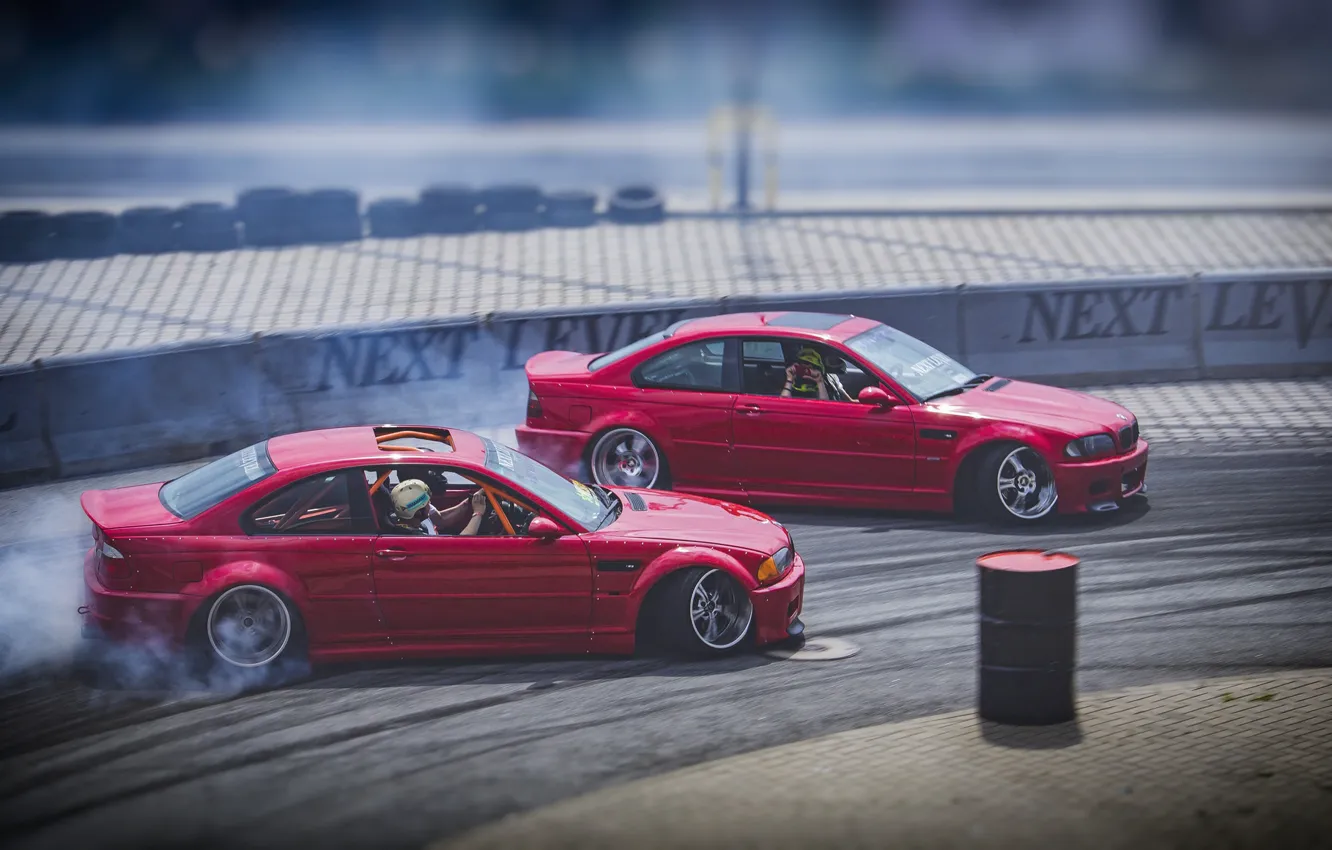 Photo wallpaper machine, auto, asphalt, red, two, BMW, Skid, drift