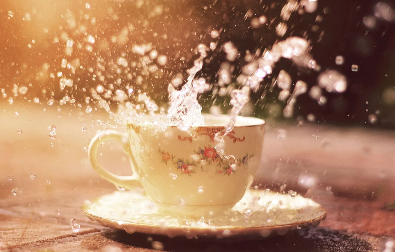Photo wallpaper water, drops, squirt, Cup, saucer