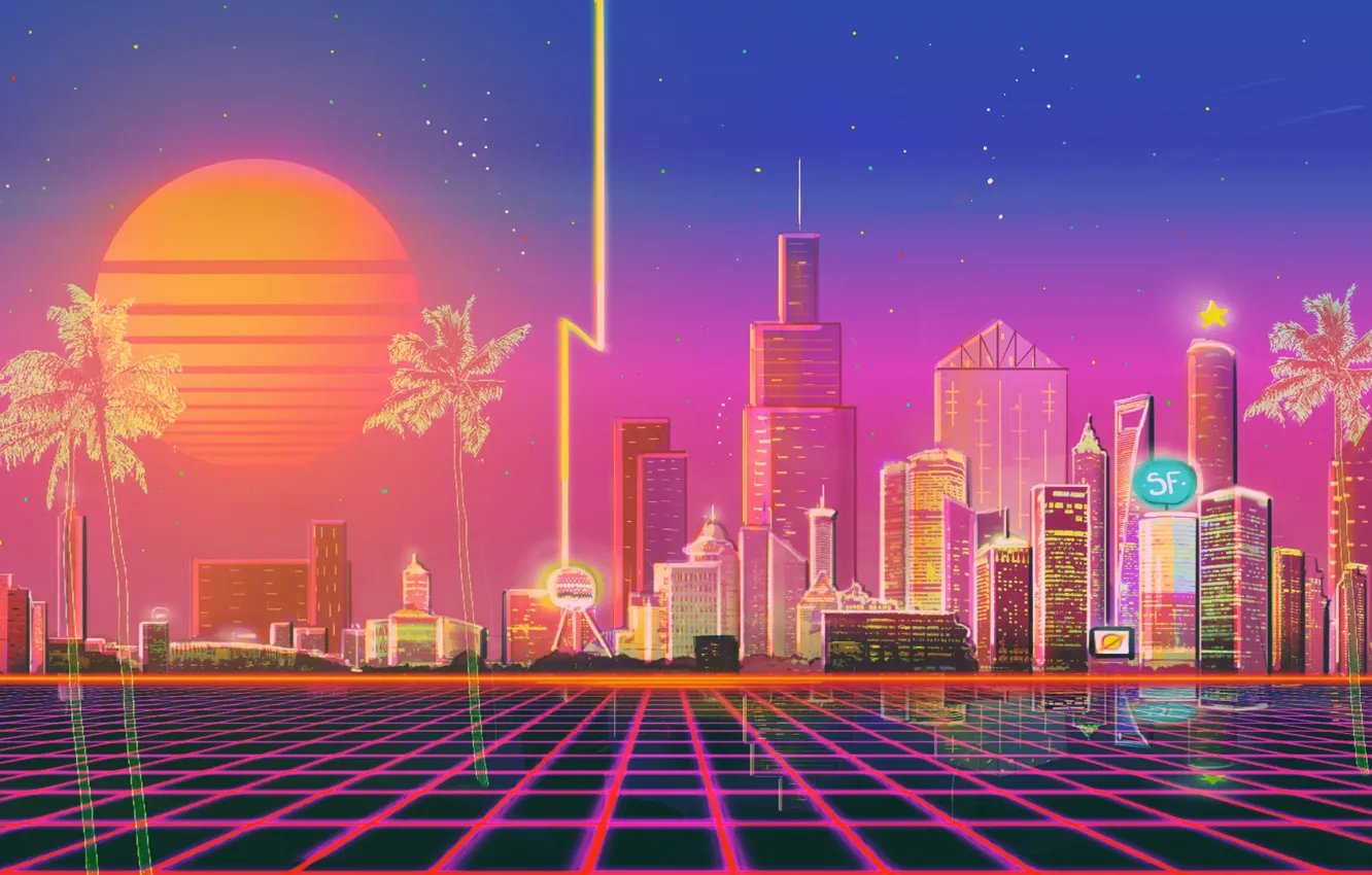 Photo wallpaper The sun, Music, The city, Style, Background, City, 80s, Style