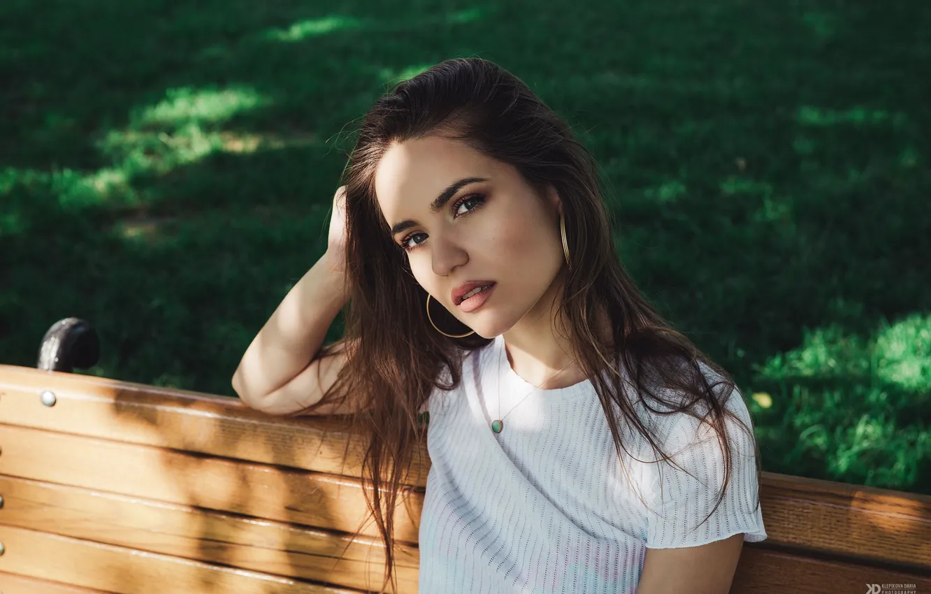 Photo wallpaper look, girl, hair, sitting, Daria Klepikova