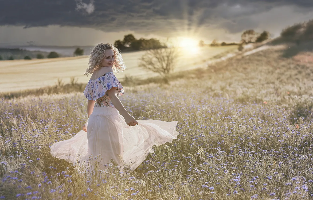 Photo wallpaper girl, sunset, flowers, mood, meadow, cornflowers