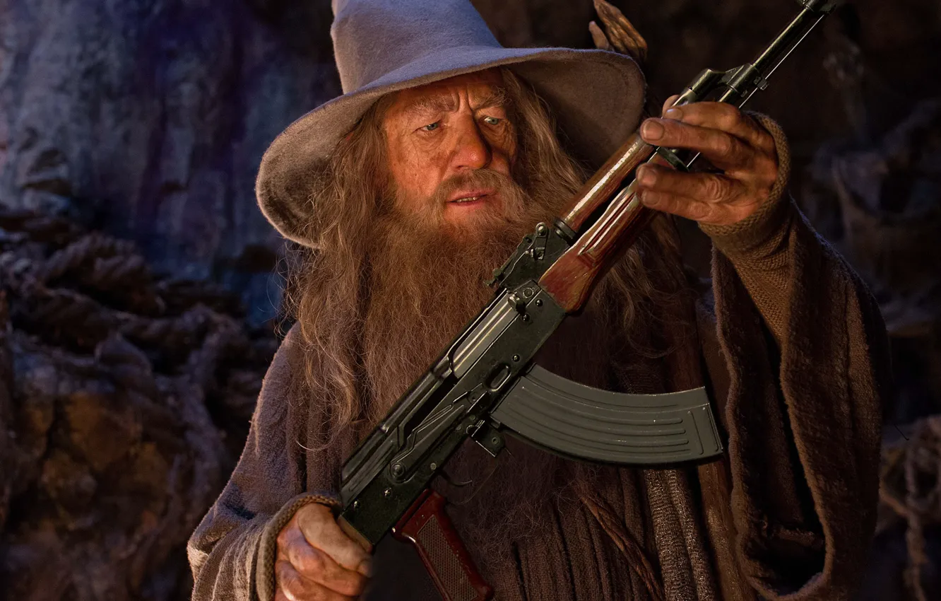 Photo wallpaper grey, humor, hat, the Lord of the rings, machine, Kalashnikov, The Lord of the Rings, …