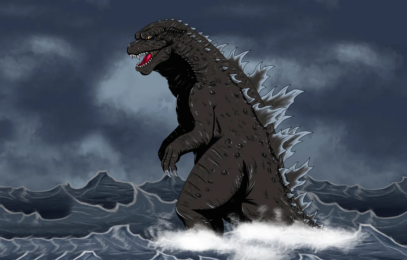 Photo wallpaper sea, water, monster, dinosaur, Godzilla, Godzilla, dinozaur