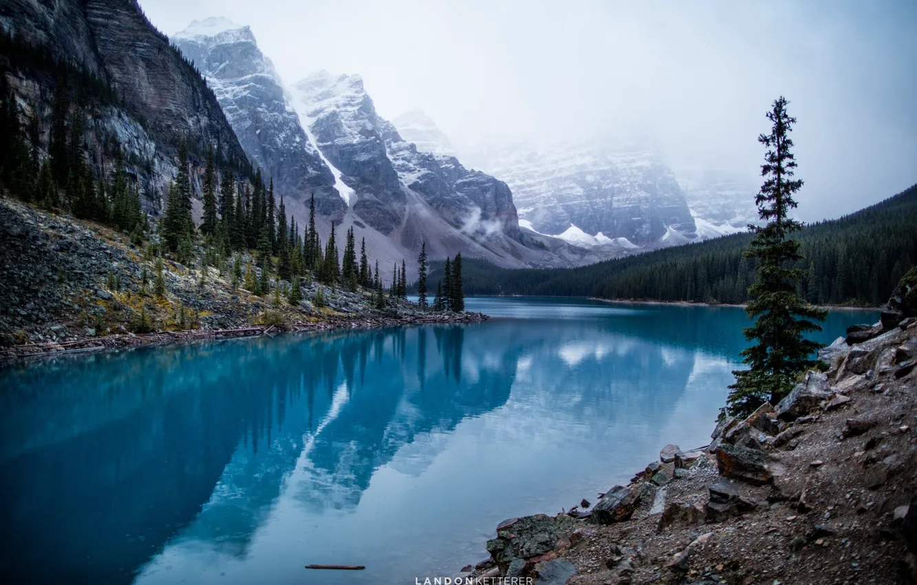 Photo wallpaper forest, mountains, lake, stones, rocks, Canada, Moraine Lake, Banff national Park