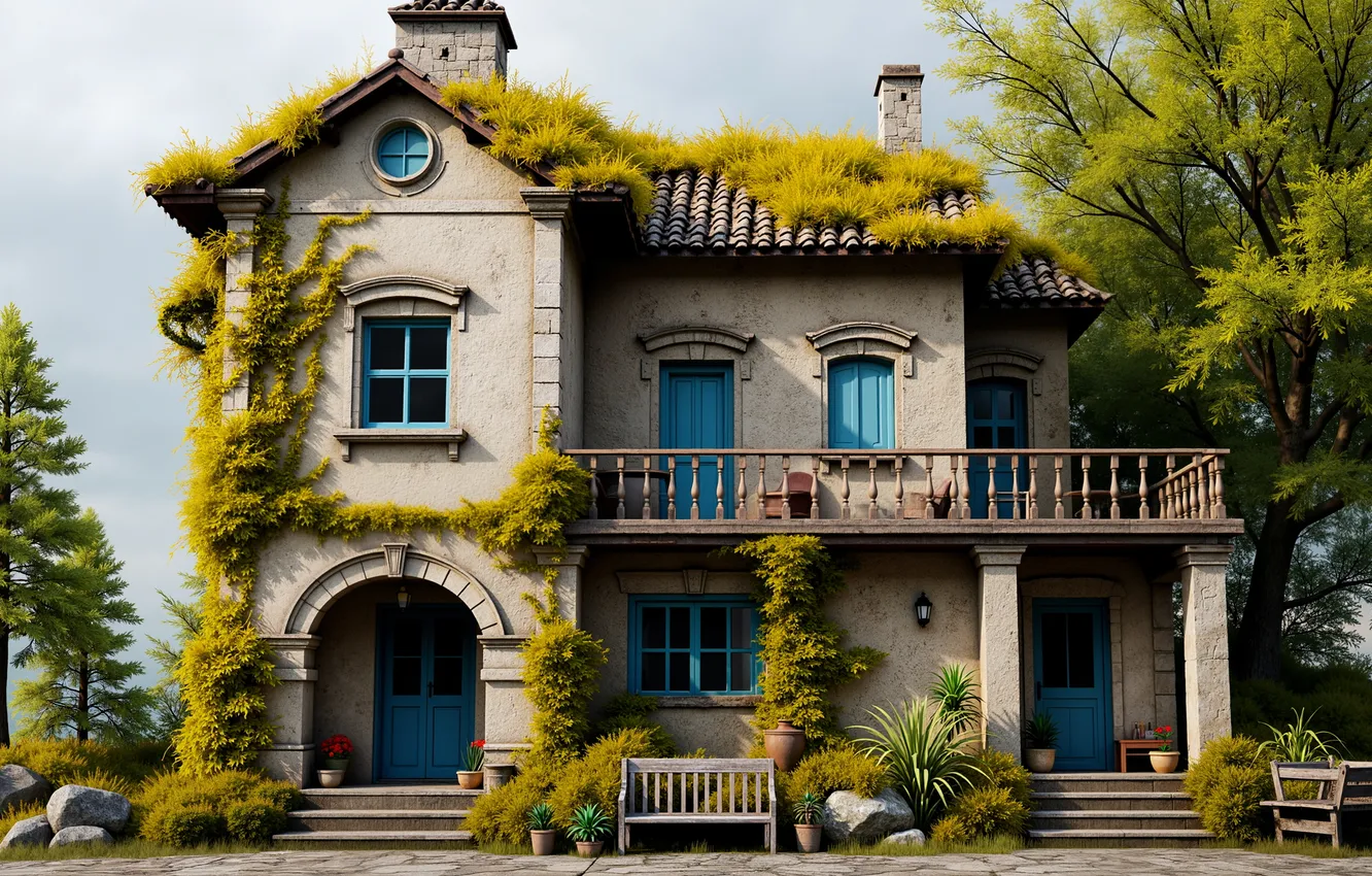 Photo wallpaper green, house, sky, nature, old, cloudy