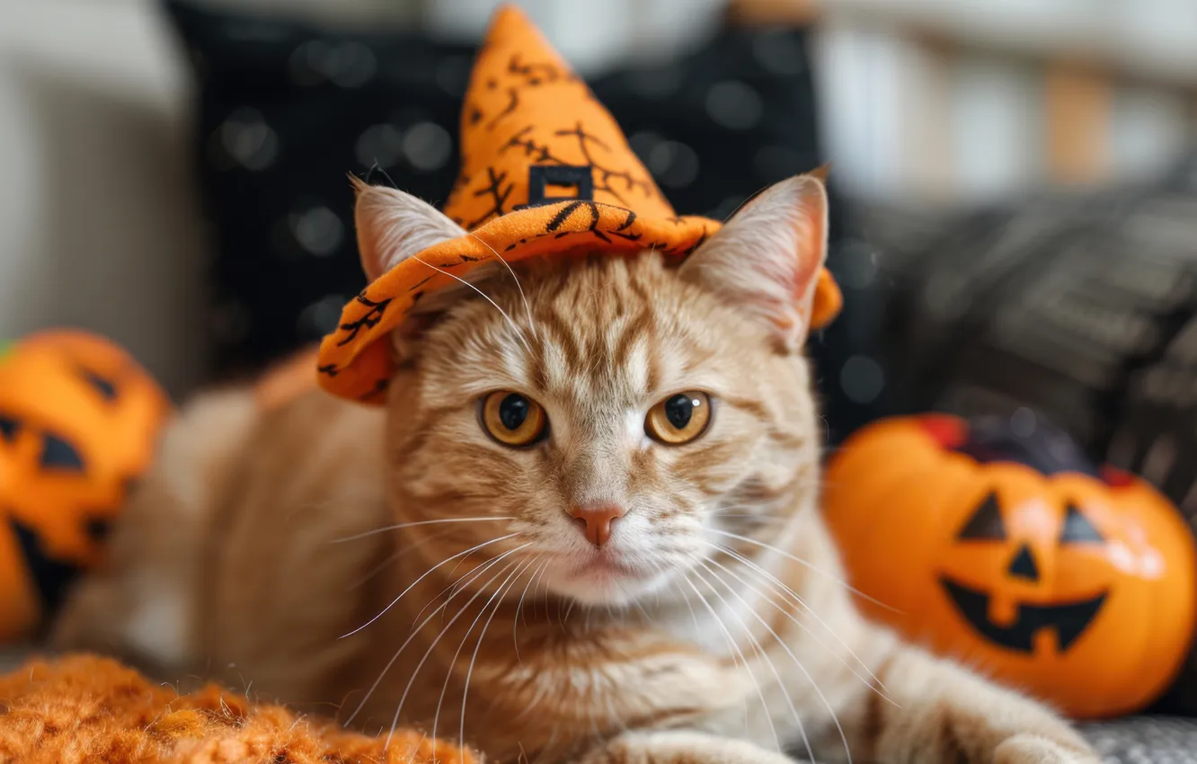 Photo wallpaper autumn, cat, cat, look, holiday, hat, lies, pumpkin