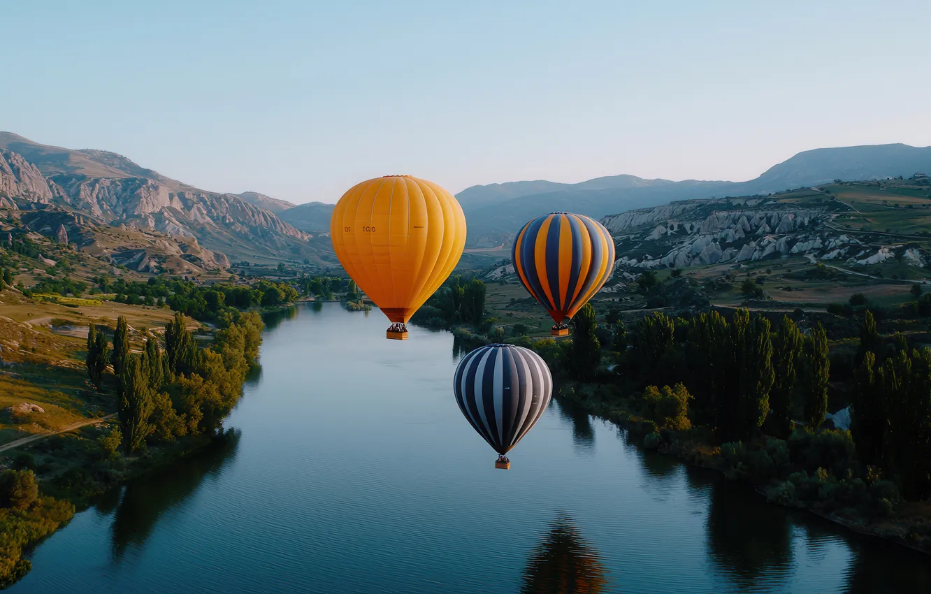 Photo wallpaper flight, landscape, mountains, nature, river, balloons, shore, ballooning