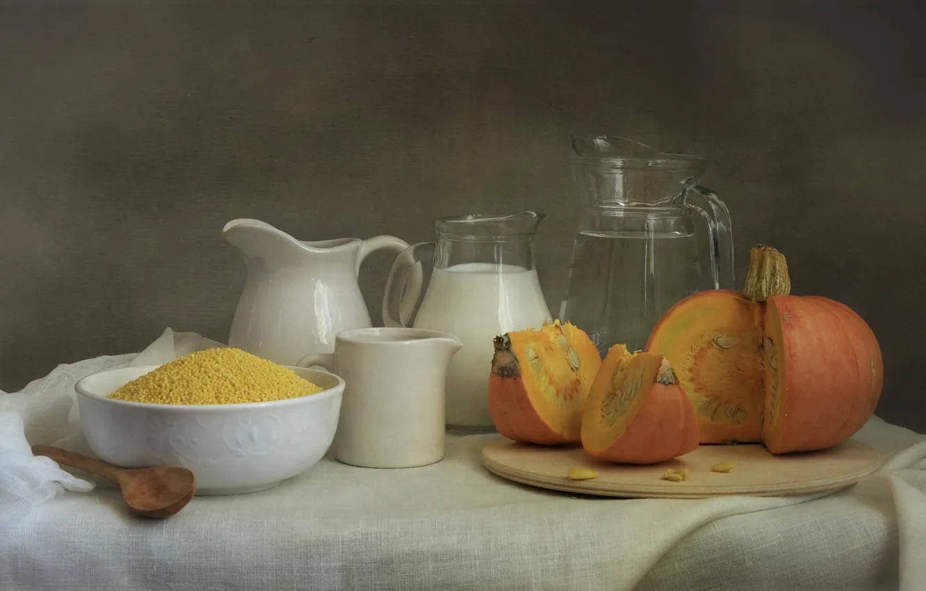 Photo wallpaper milk, pumpkin, millet, ingredients