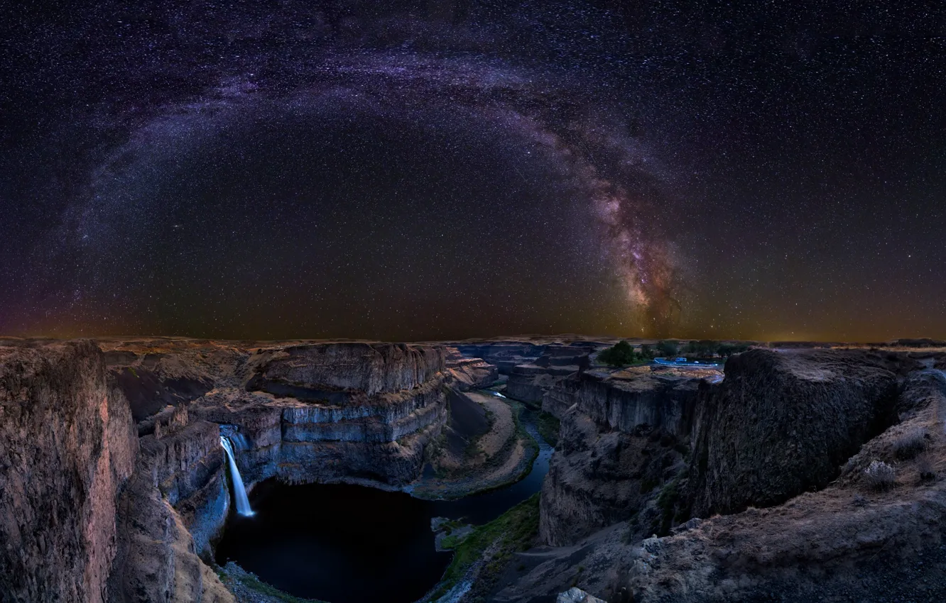 Photo wallpaper stars, night, waterfall, canyon, the milky way
