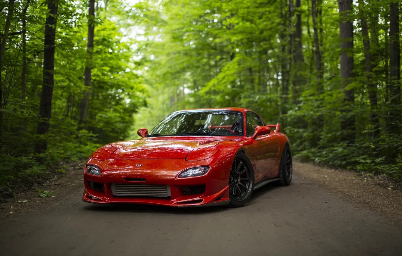 Photo wallpaper road, forest, red, sports car, Mazda RX-7