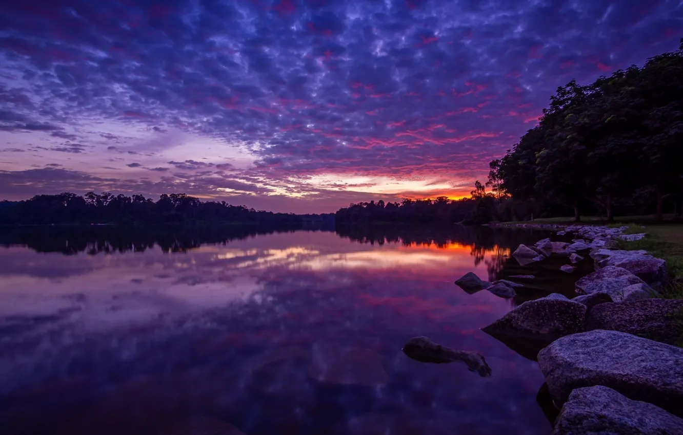 Photo wallpaper Cumulus Clouds, boulders, reflection, lake, stones, night
