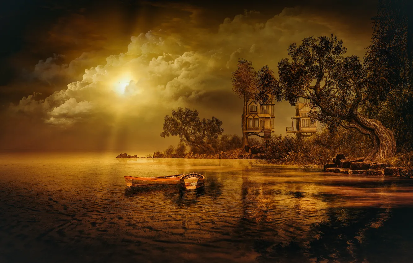 Photo wallpaper the sky, the sun, clouds, rays, light, trees, landscape, sunset