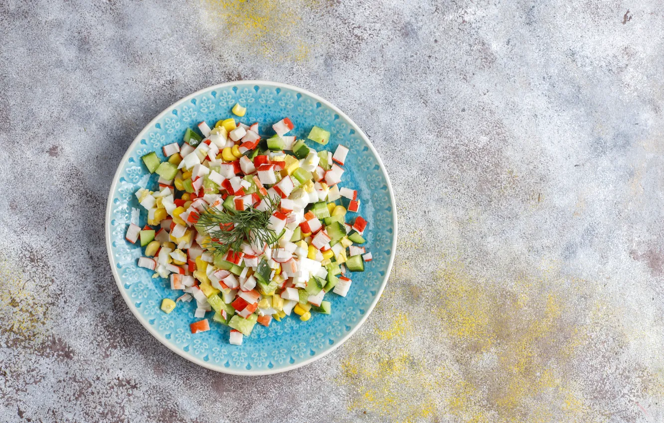Photo wallpaper background, plate, salad, crab sticks, salad with crab sticks