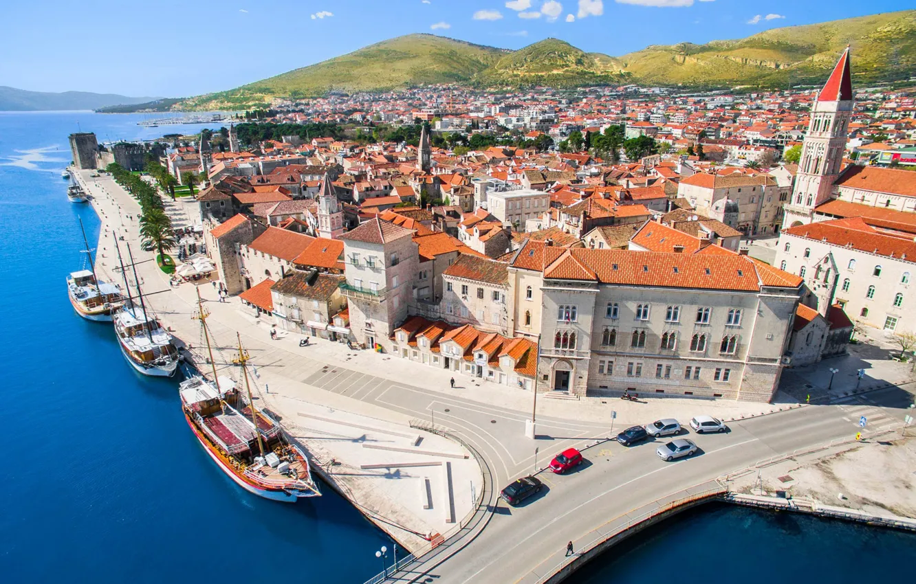 Photo wallpaper road, sea, home, yachts, panorama, Croatia, Trogir