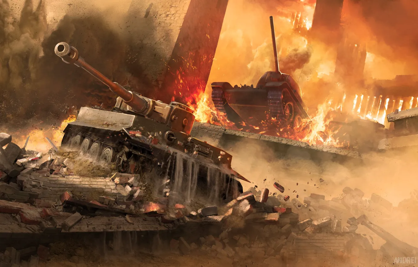 Photo wallpaper the explosion, lights, war, tank, World of Tanks