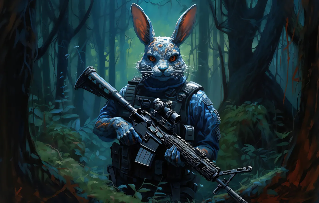 Photo wallpaper forest, weapons, hare, thicket, soldiers, equipment