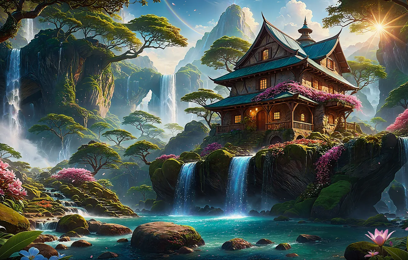 Photo wallpaper landscape, nature, waterfall, AI Art, fantasy houses