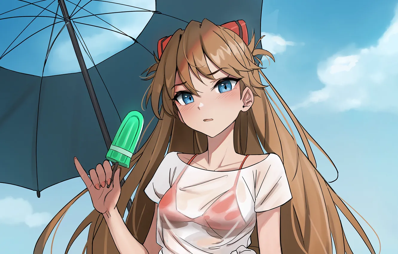 Photo wallpaper girl, sexy, long hair, boobs, umbrella, anime, blue eyes, beautiful