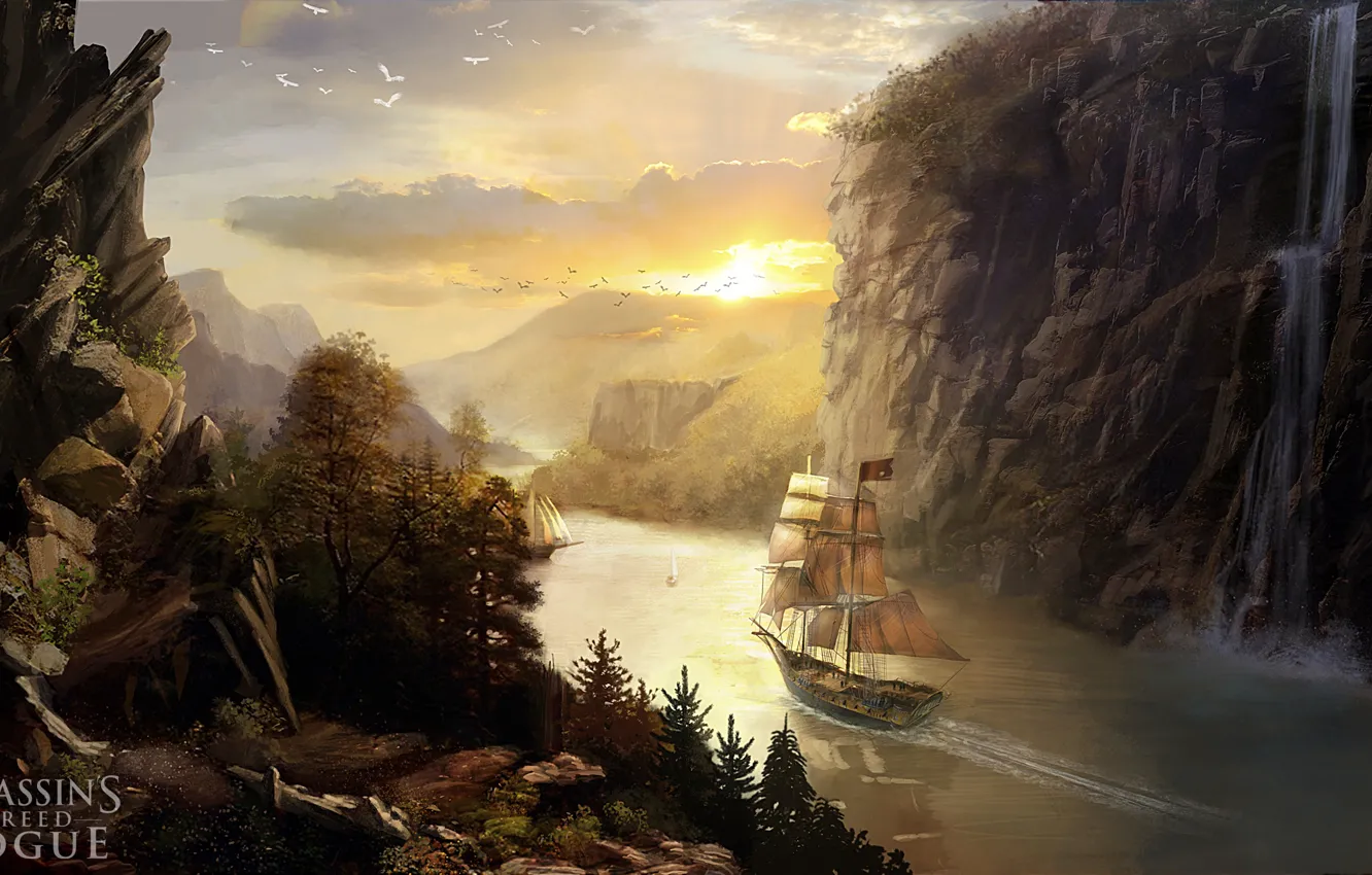 Photo wallpaper mountains, river, the game, ship, Hudson River, Assassin's Creed Rogue