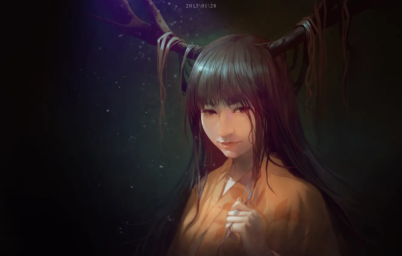 Photo wallpaper girl, anime, art, horns, kimono, exe336