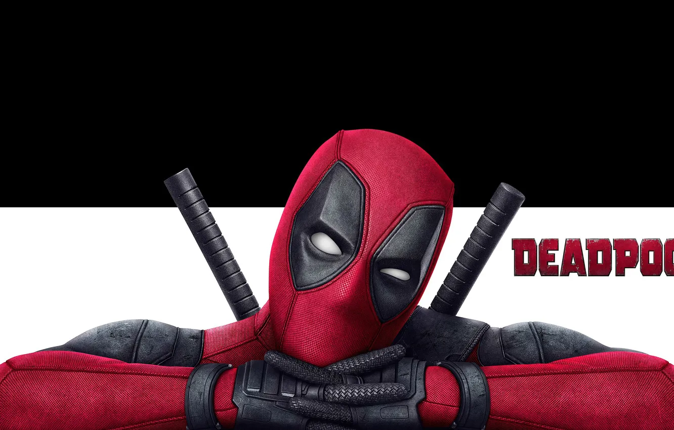 Photo wallpaper red, background, fiction, sword, mask, costume, black and white, Ryan Reynolds