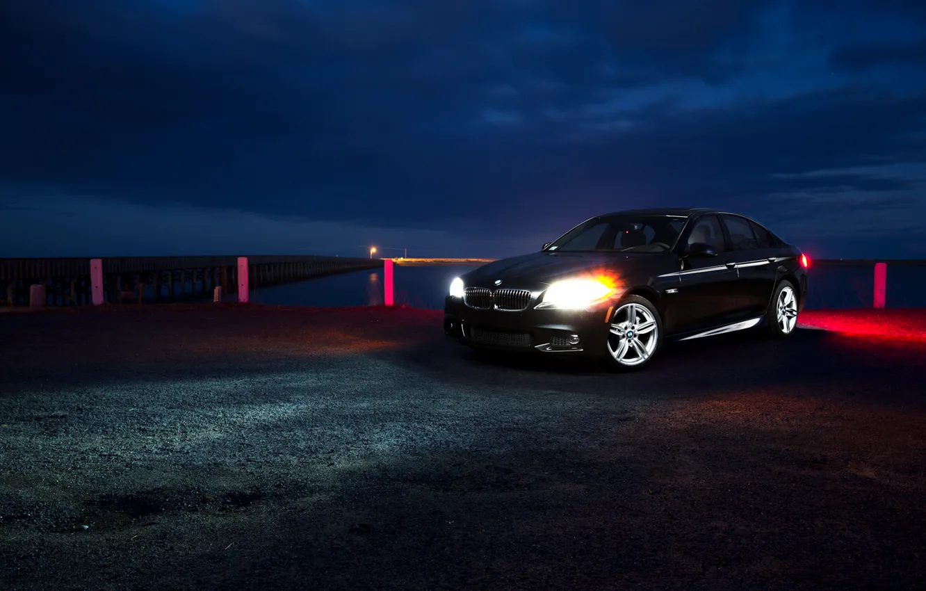 Photo wallpaper night, glare, shore, BMW, BMW, pierce, black, black