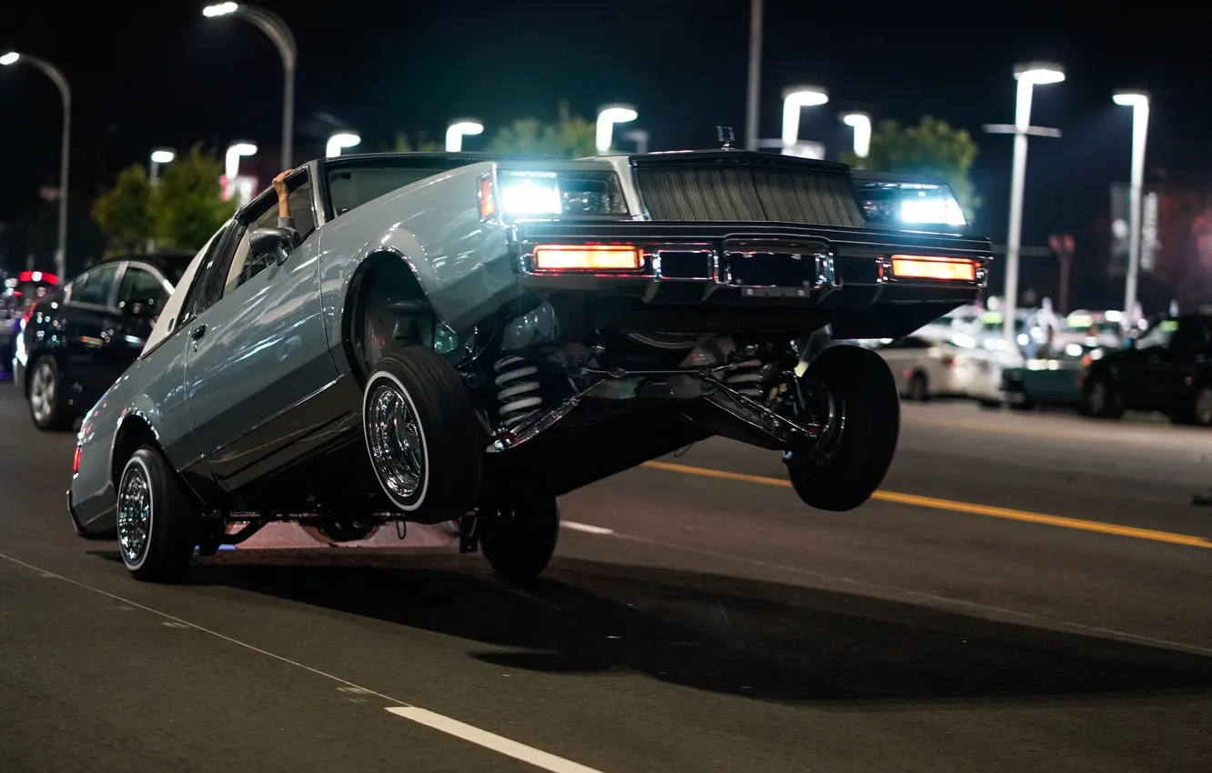 Photo wallpaper car, night, retro, street, shot, Wheels, closeup, ground