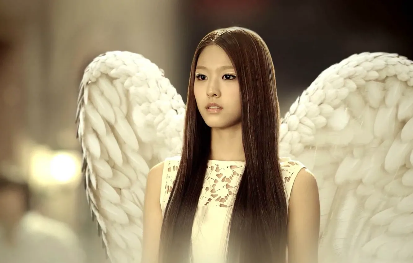 Photo wallpaper angel, feathers, Asian, long hair, k-pop, Elvis, Korean, white wings