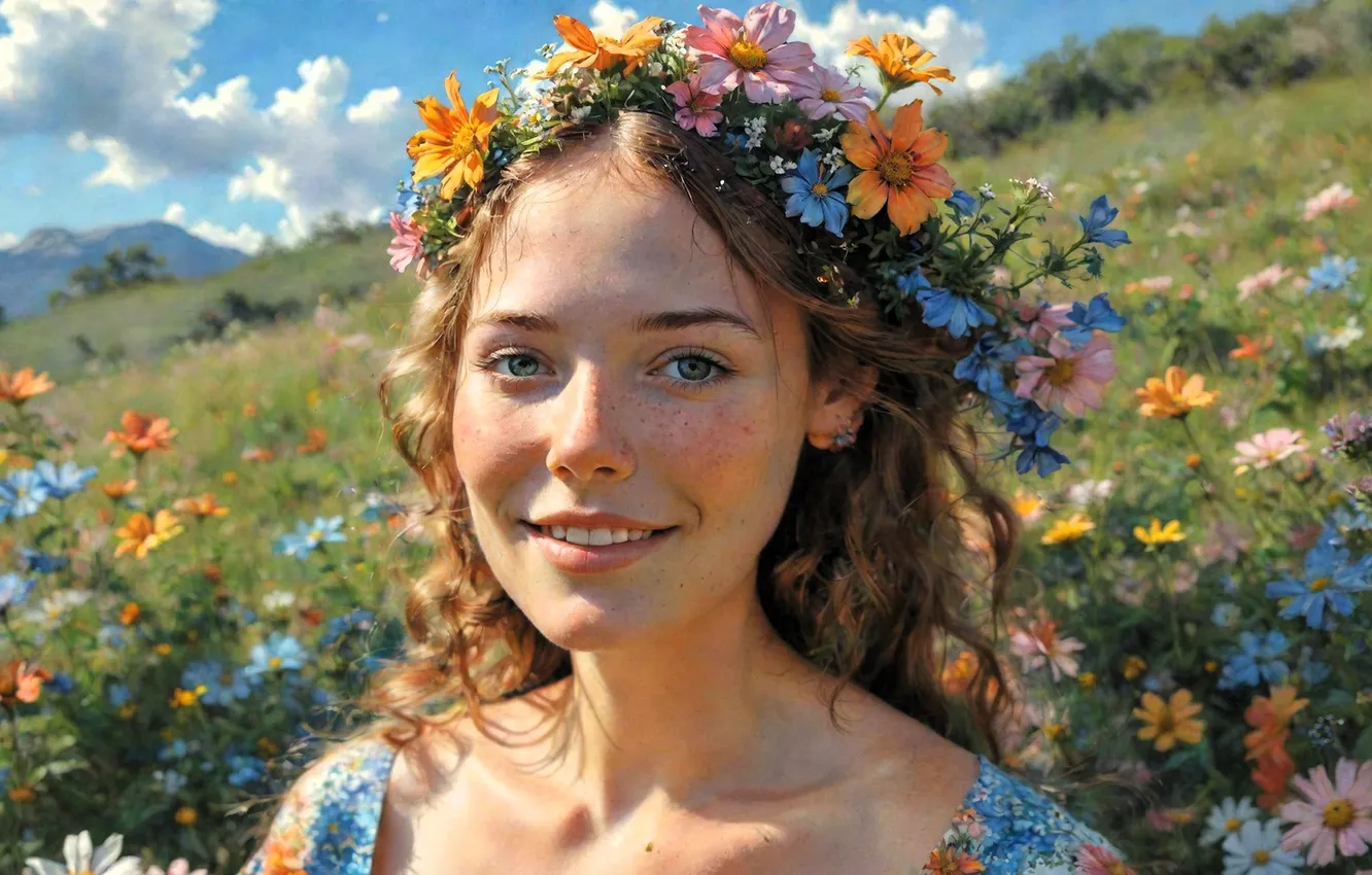 Photo wallpaper summer, girl, flowers, face, smile, glade, meadow, wreath