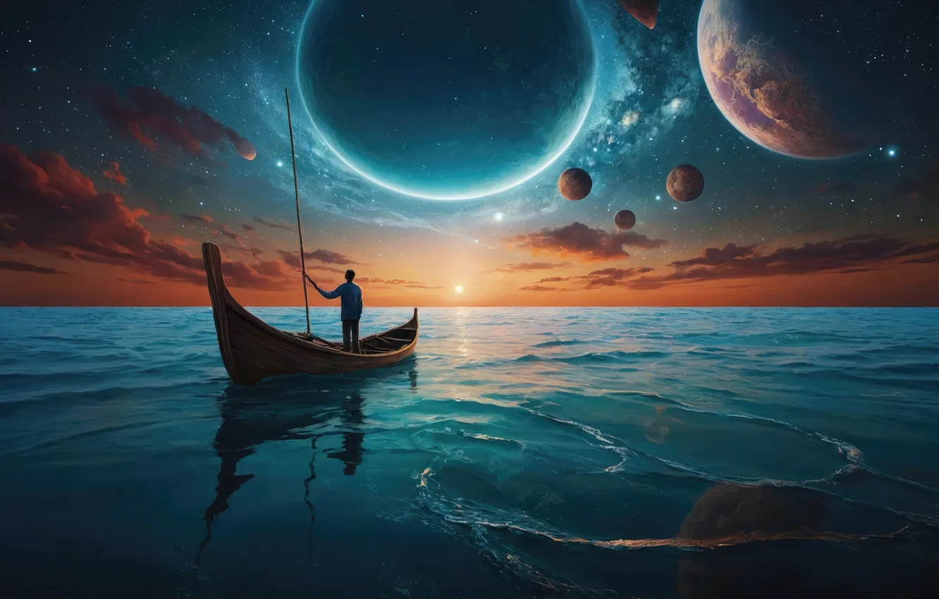 Photo wallpaper dreams, dream, boat, planet, people, sleep, beauty, horizon