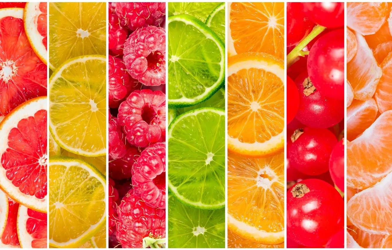 Photo wallpaper berries, raspberry, lemon, orange, lime, citrus, fruit, currants