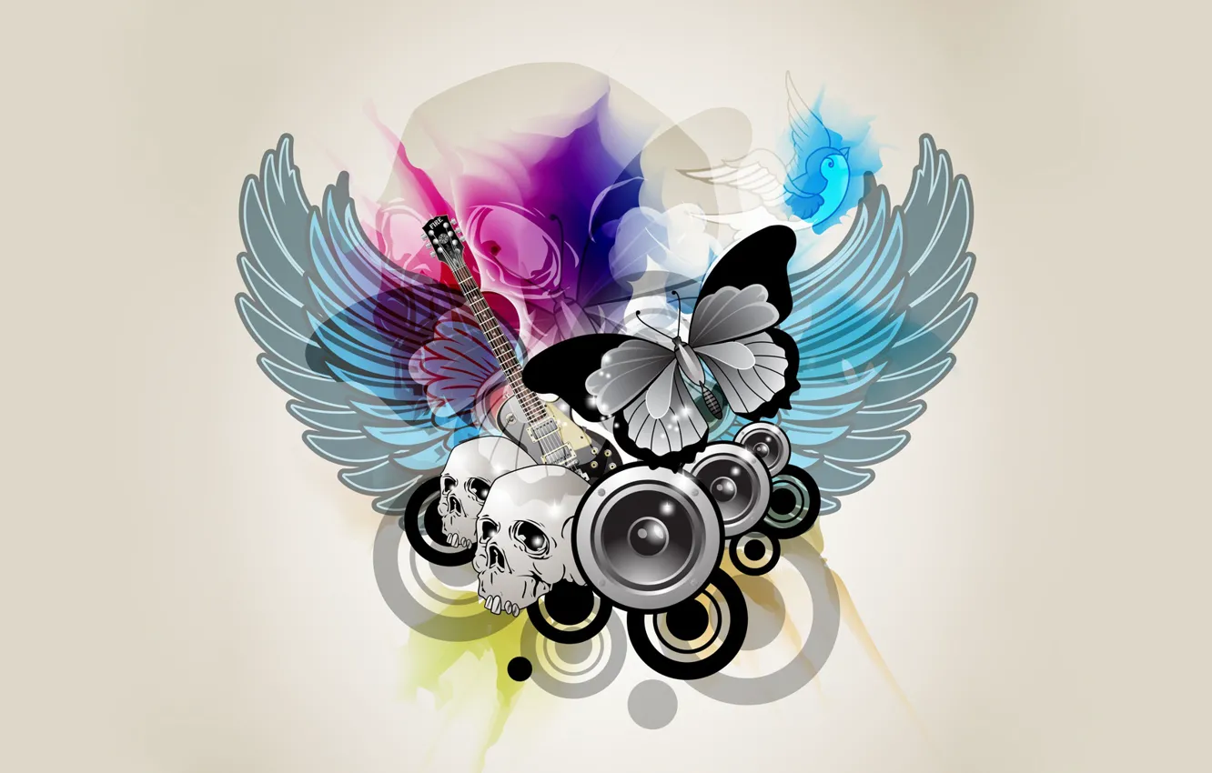 Photo wallpaper colors, abstract, guitar, bird, skulls, butterfly, grunge, artwork