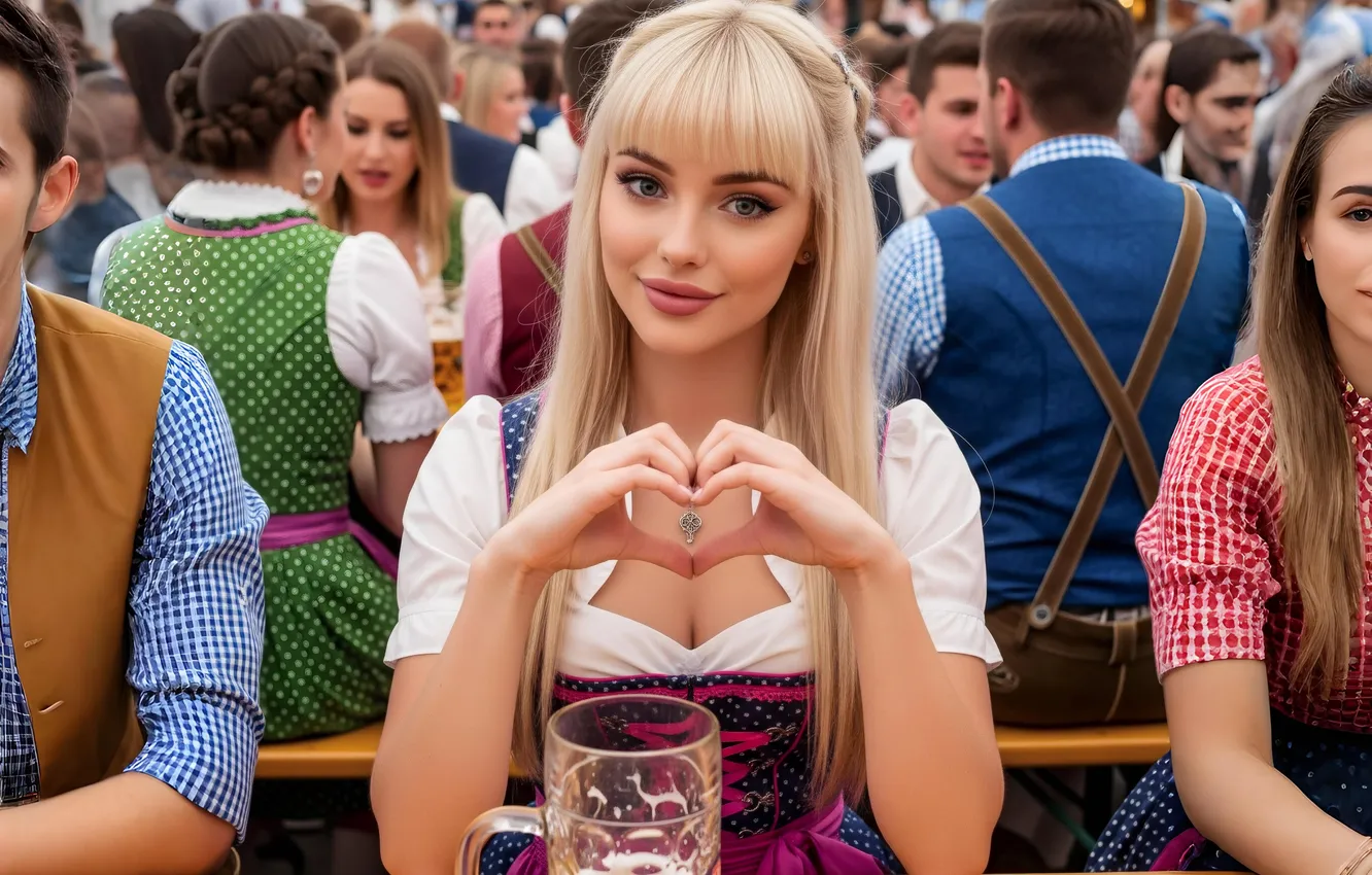 Photo wallpaper chest, look, girl, pose, smile, table, back, people