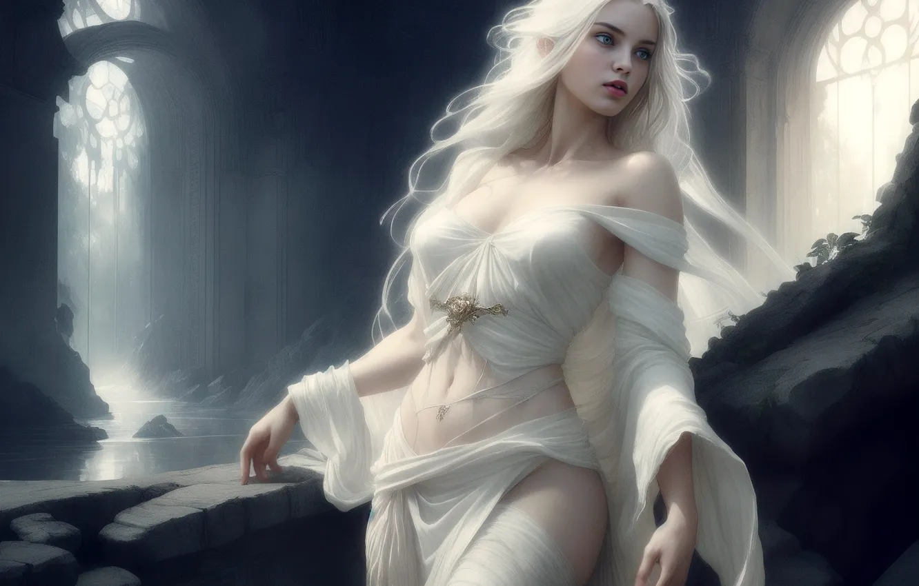 Photo wallpaper girl, fog, castle, blonde, elf, in white, AI art, neural network