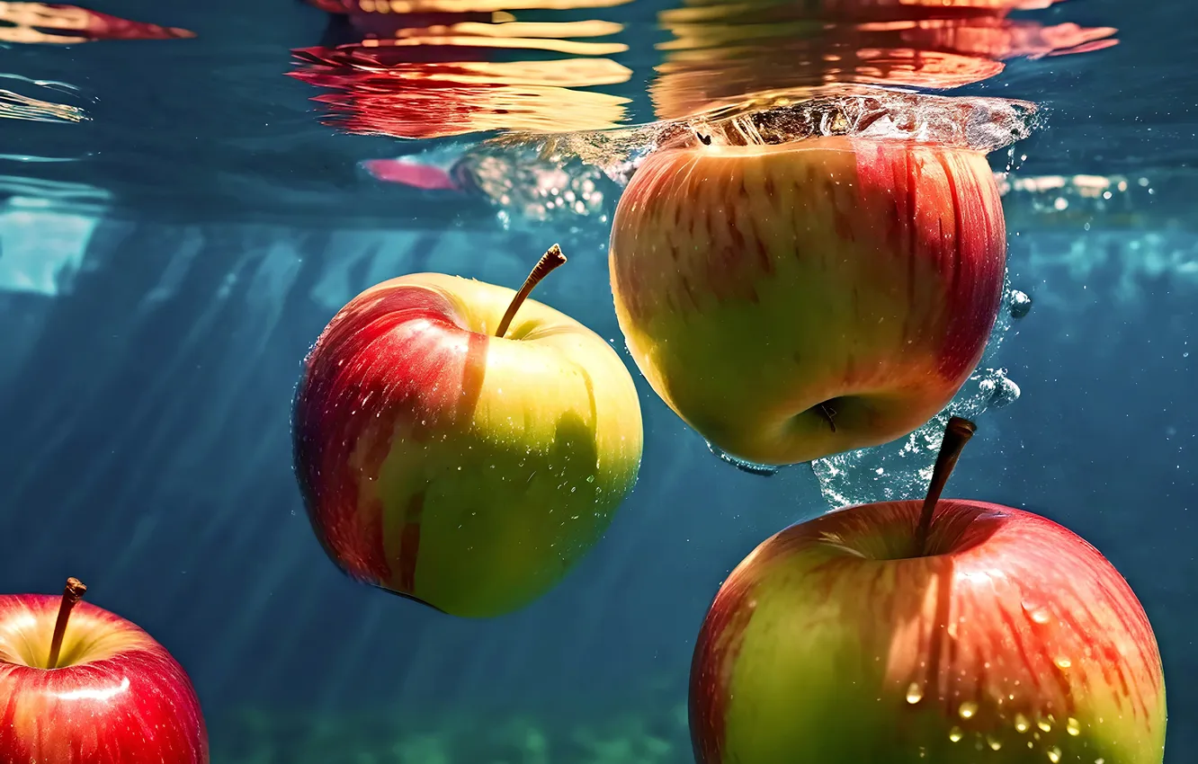 Photo wallpaper water, apples, in the water, AI art, neural network