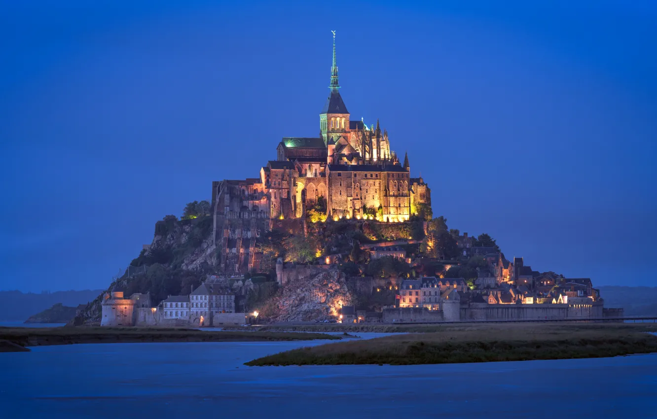 Photo wallpaper lights, castle, France, the monastery, Normandy, Mont-Saint-Michel