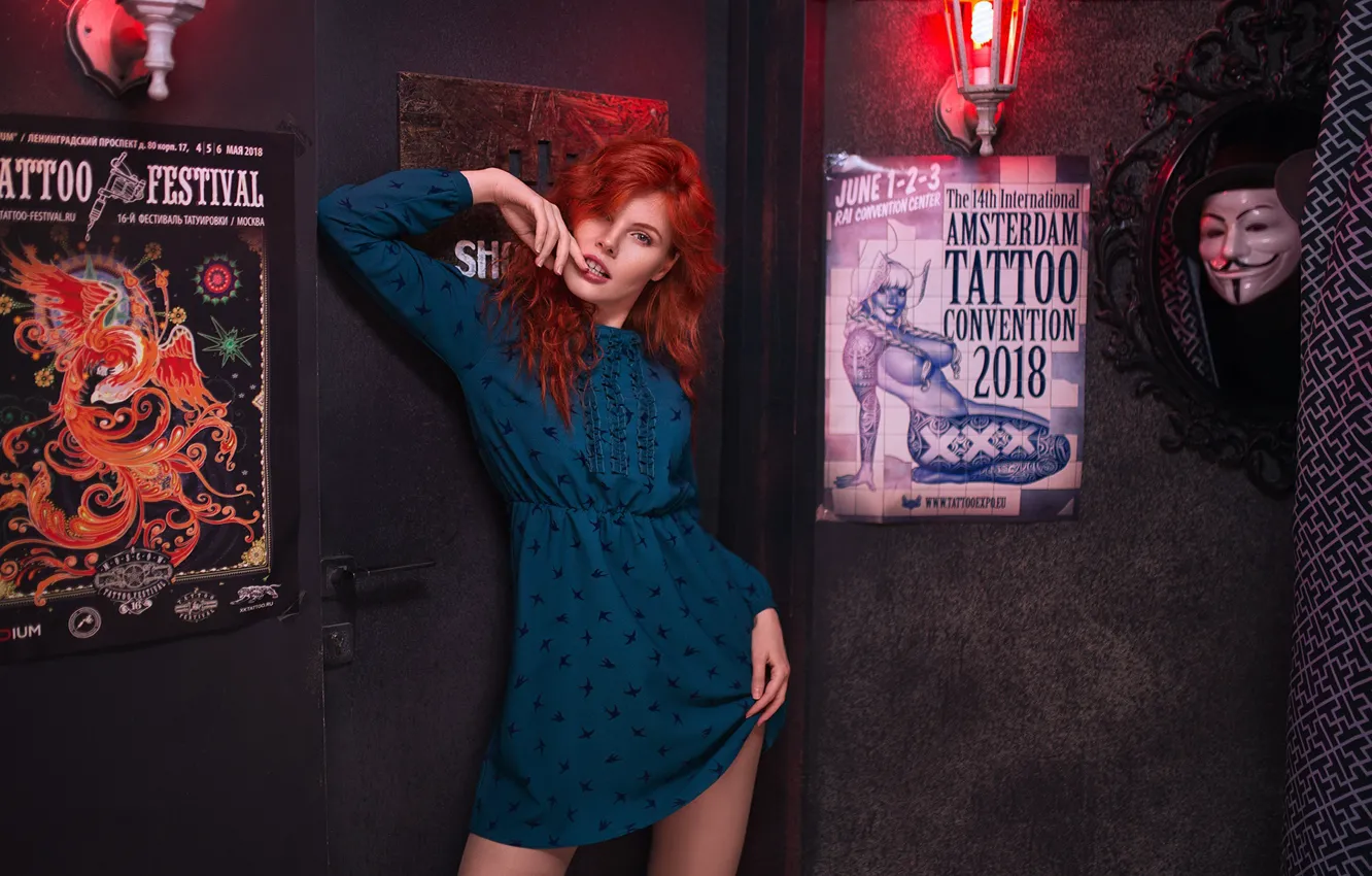 Photo wallpaper girl, pose, dress, red, redhead, posters, Oleg Demyanchenko, Natasha Korotovskih